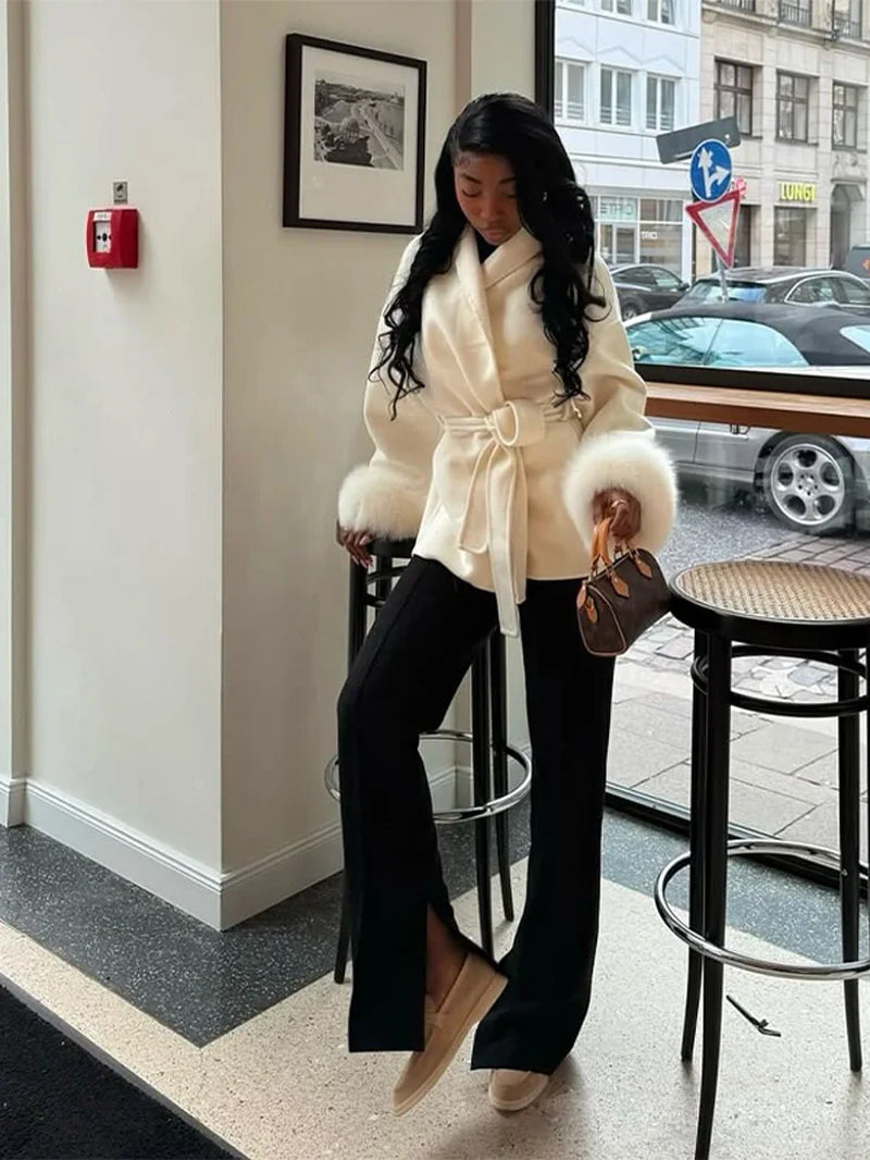 2025 Chic Lapel Plush Coat with Belt Women Vintage Solid Faux Fur Sleeve Tweed Open Coats Female Autumn Casual Street Outwear