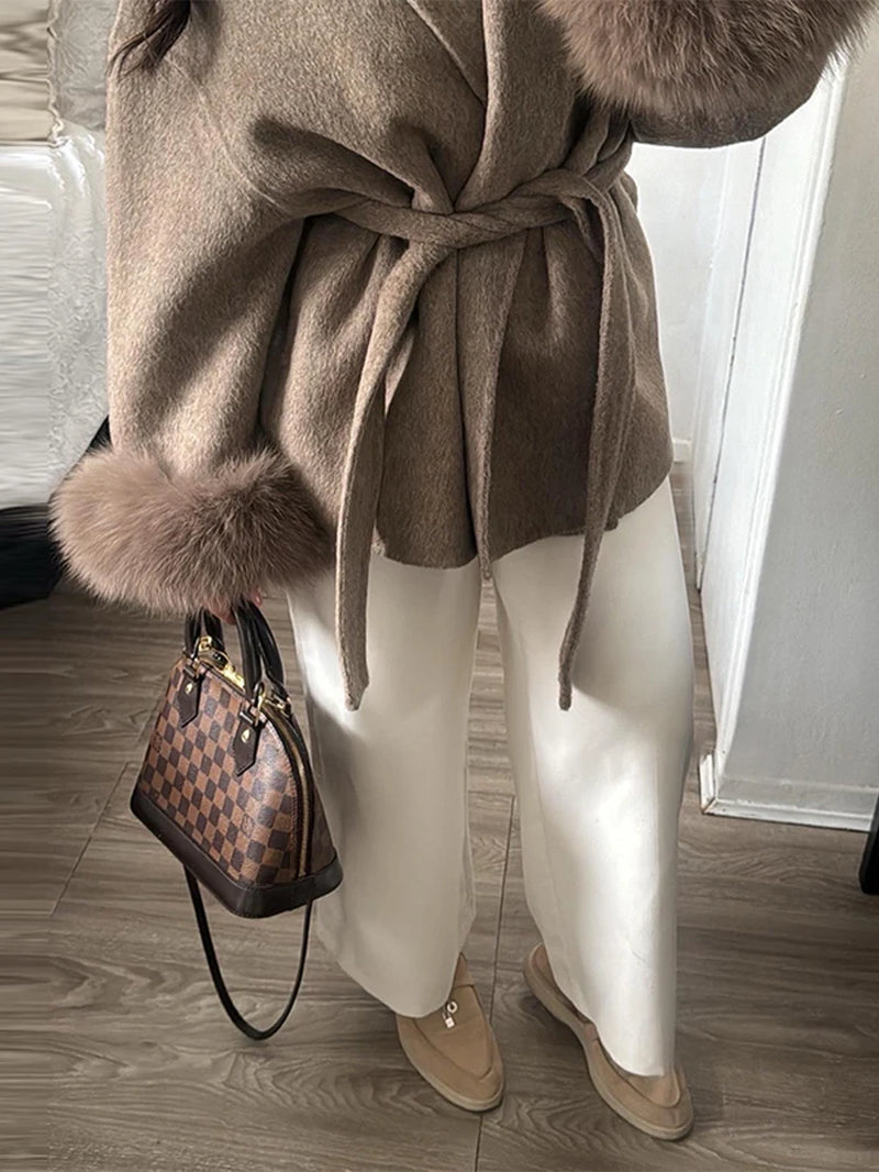 2025 Chic Lapel Plush Coat with Belt Women Vintage Solid Faux Fur Sleeve Tweed Open Coats Female Autumn Casual Street Outwear