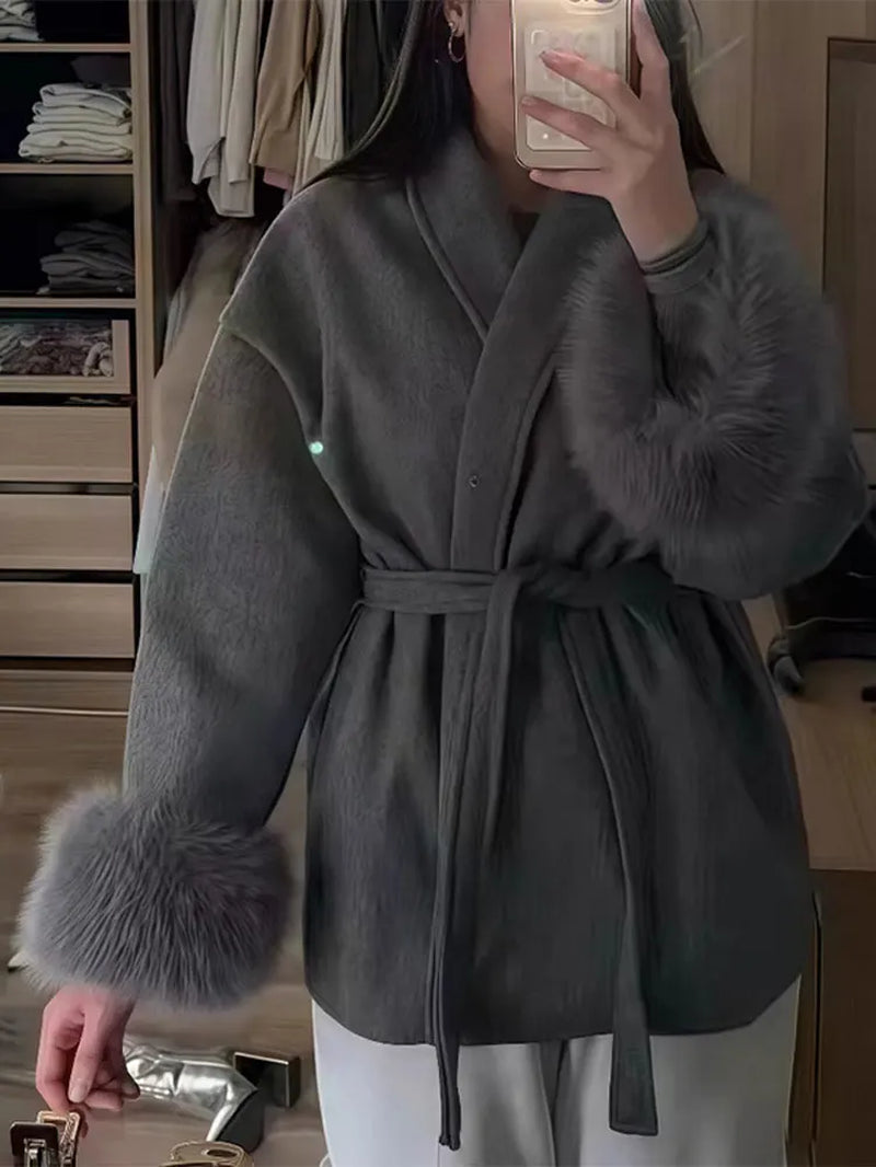 2025 Chic Lapel Plush Coat with Belt Women Vintage Solid Faux Fur Sleeve Tweed Open Coats Female Autumn Casual Street Outwear