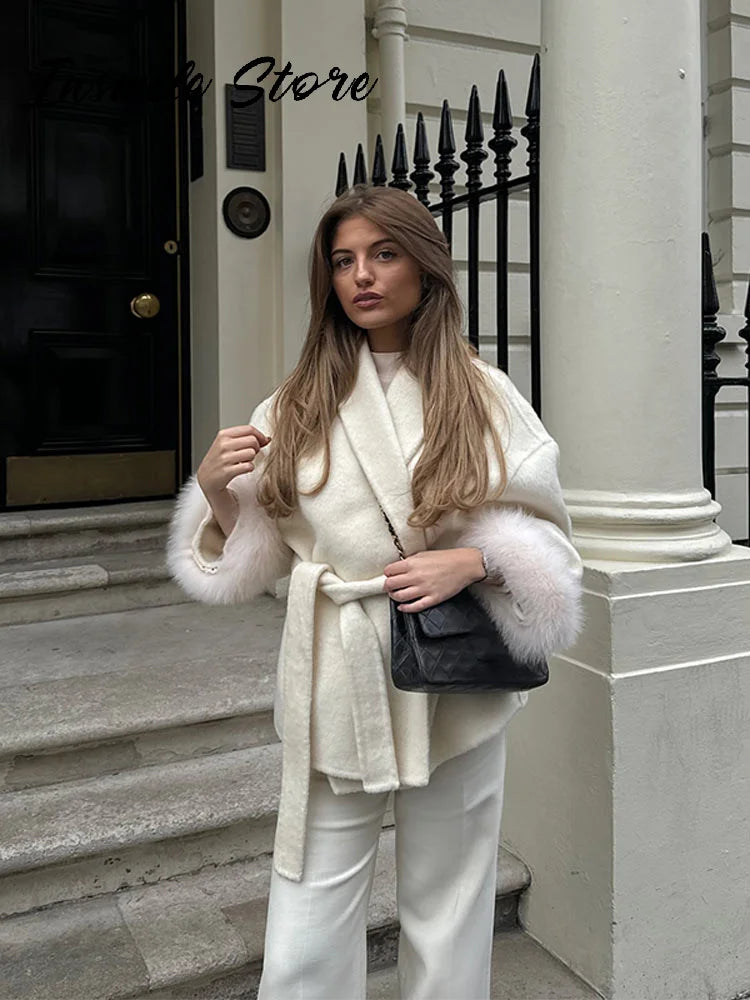 Casual Lace up Lapel Woolen Short Coat Solid Cuff with Feather Loose Belt Female Coats 2025 Autumn Winter Lady Chic Cardigan New