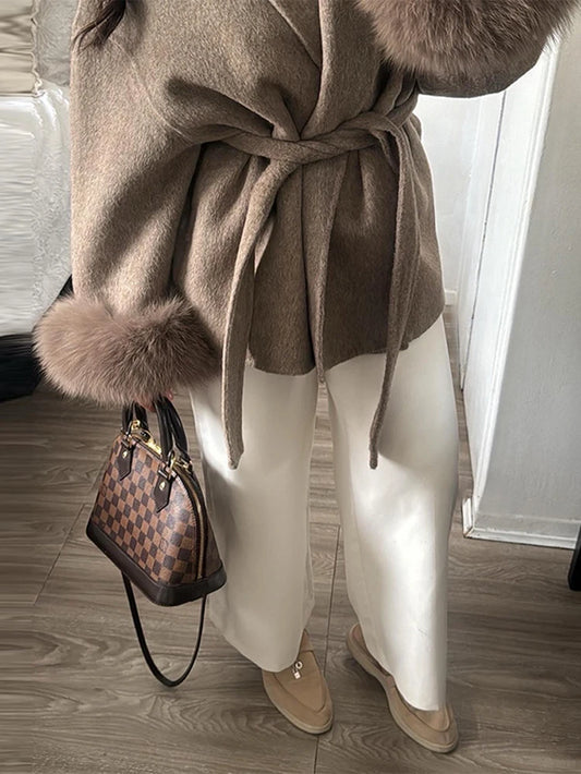 2025 Chic Lapel Plush Coat with Belt Women Vintage Solid Faux Fur Sleeve Tweed Open Coats Female Autumn Casual Street Outwear